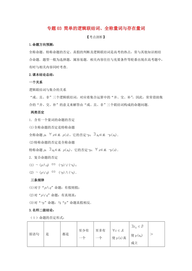 2019届高考数学 提分必备30个黄金考点 专题03 简单的逻辑联结词、全称量词与存在量词学案 理.doc_第1页