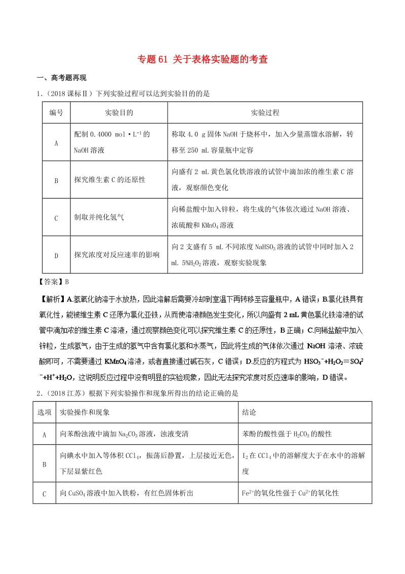 2019高考化学 难点剖析 专题61 关于表格实验题的考查讲解.doc_第1页