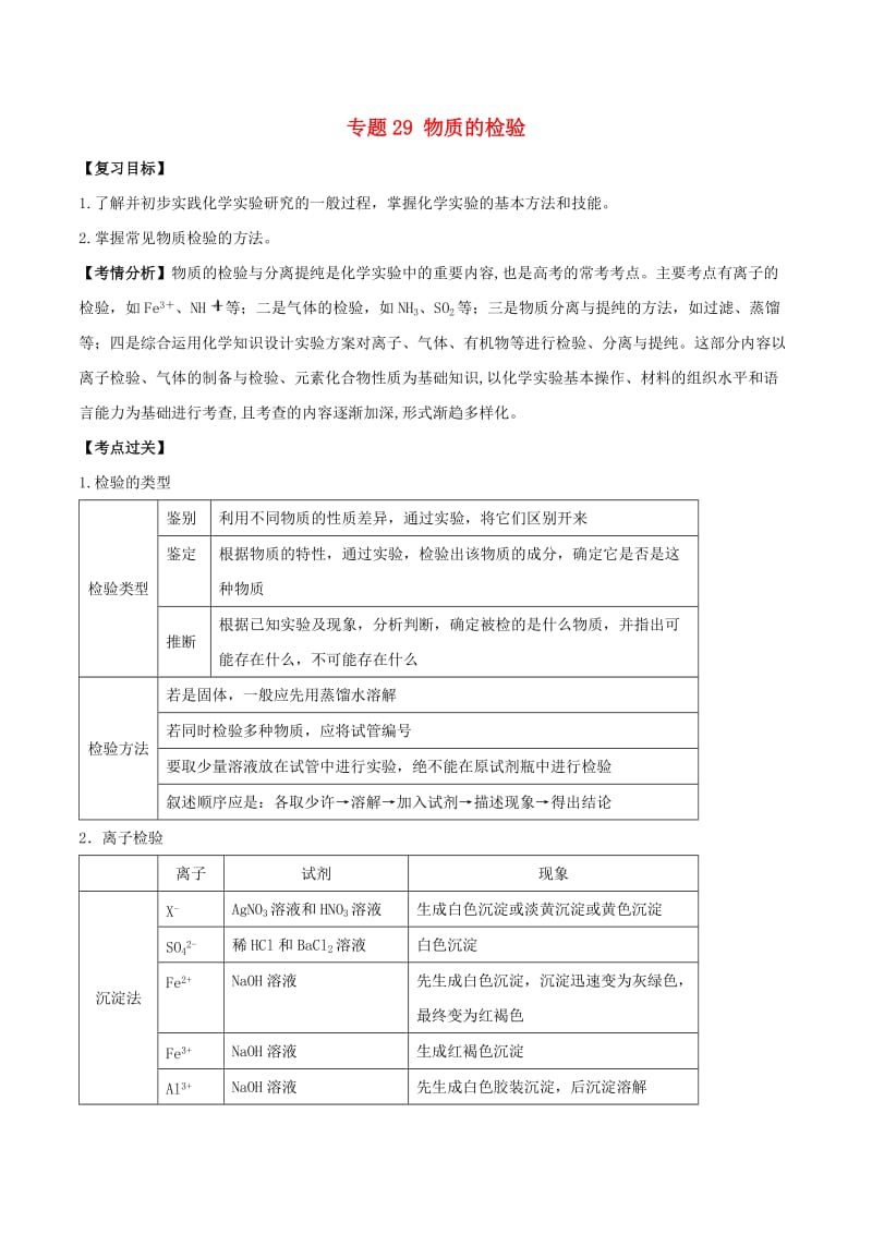 2019年高考化学一轮总复习 考点扫描 专题29 物质的检验学案.doc_第1页