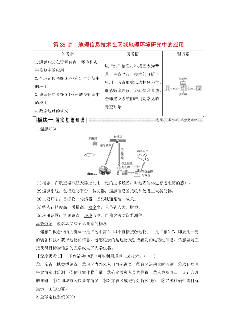 （江苏专版）2019版高考地理大一轮复习 第十三单元 3S技术及其应用 第38讲 地理信息技术在区域地理环境研究中的应用学案.doc_第1页