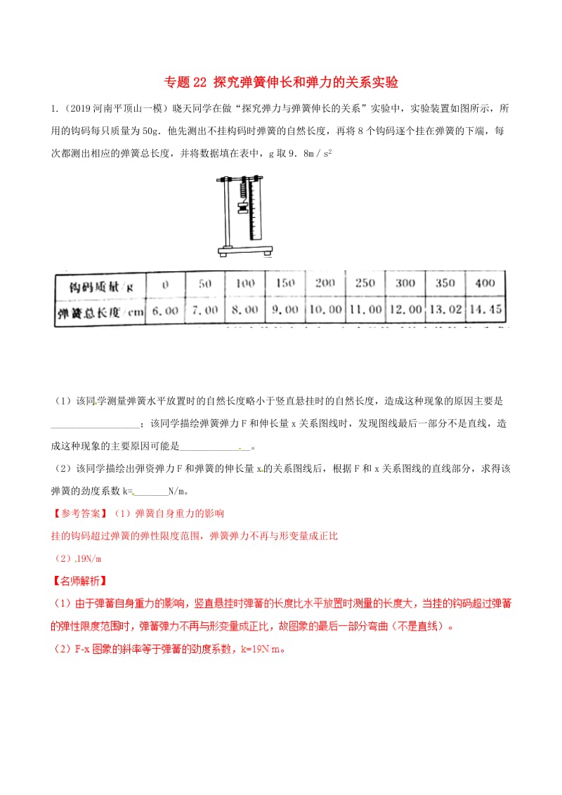 2019年高考物理 名校模拟试题分项解析40热点 专题22 探究弹簧伸长和弹力的关系实验.doc_第1页