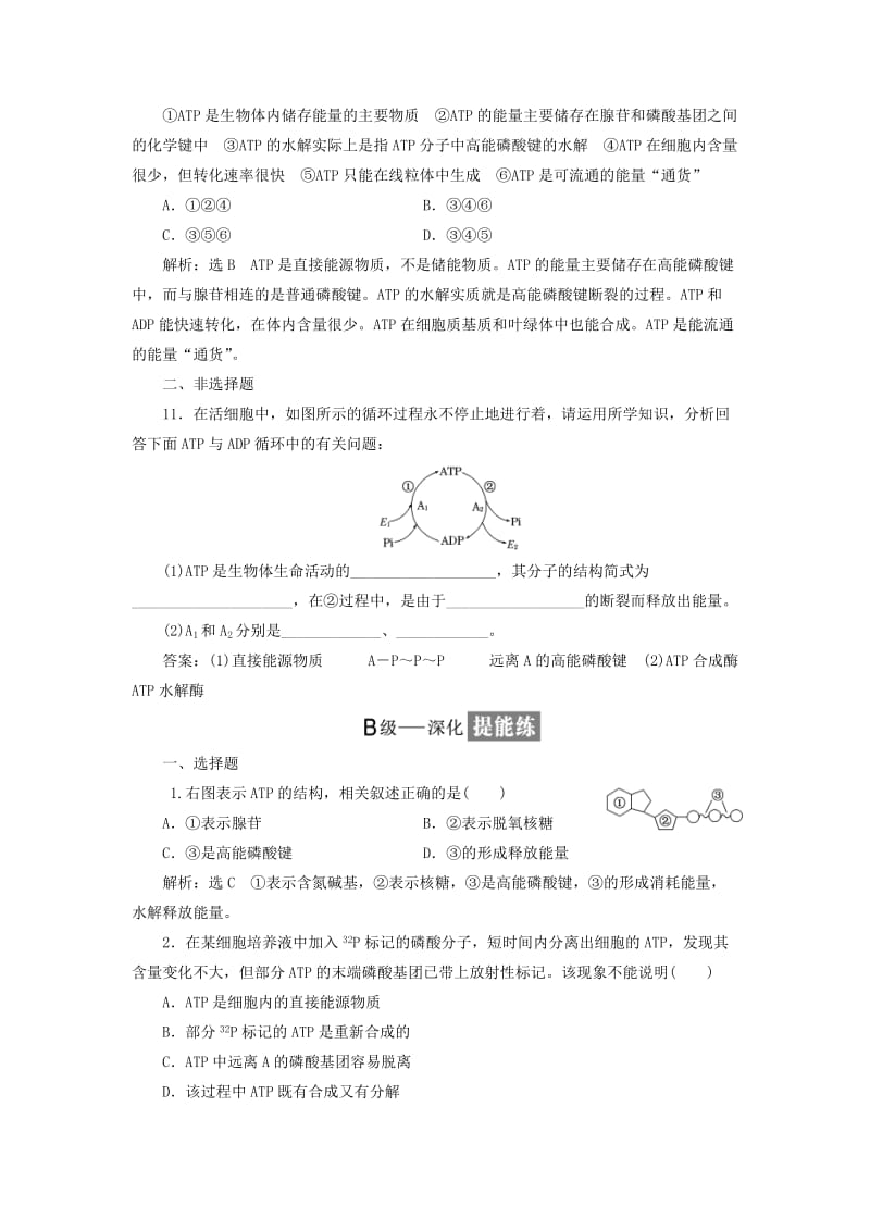 2018-2019学年高中生物 课时跟踪检测（十一）ATP（含解析）苏教版必修1.doc_第3页