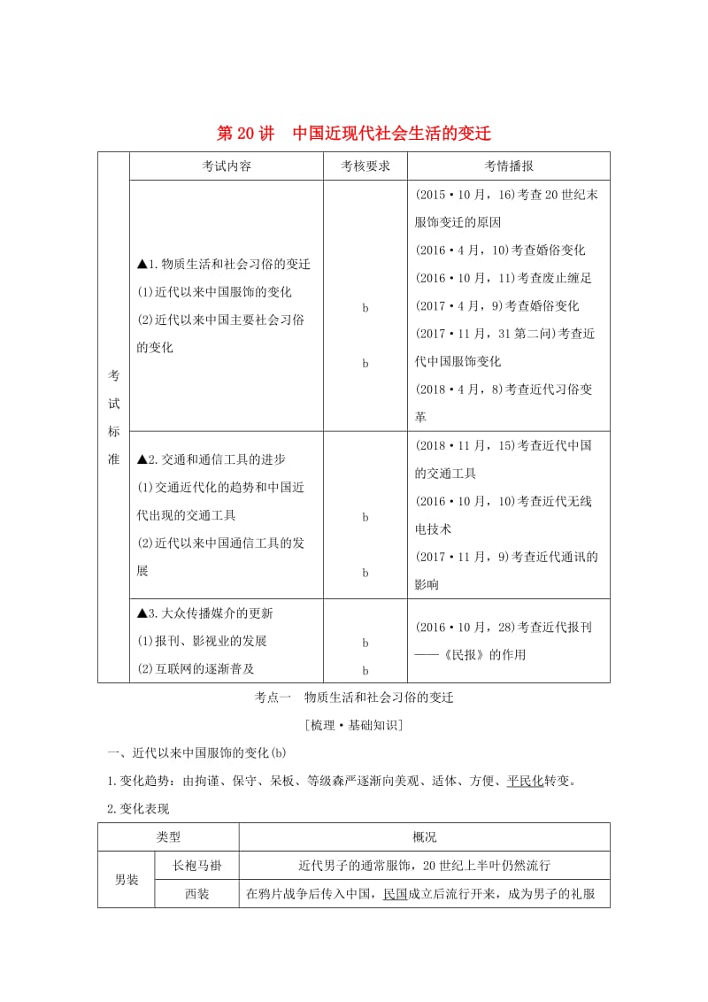 （浙江选考）2020版高考历史一轮复习 专题八 第20讲 中国近现代社会生活的变迁学案.doc_第1页