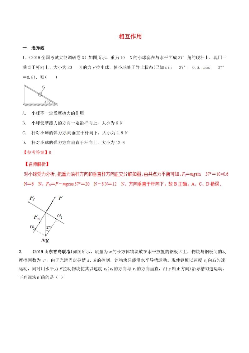 2019年高三物理一轮复习 二模、三模试题分项解析 专题02 相互作用（第01期）（含解析）.doc_第1页