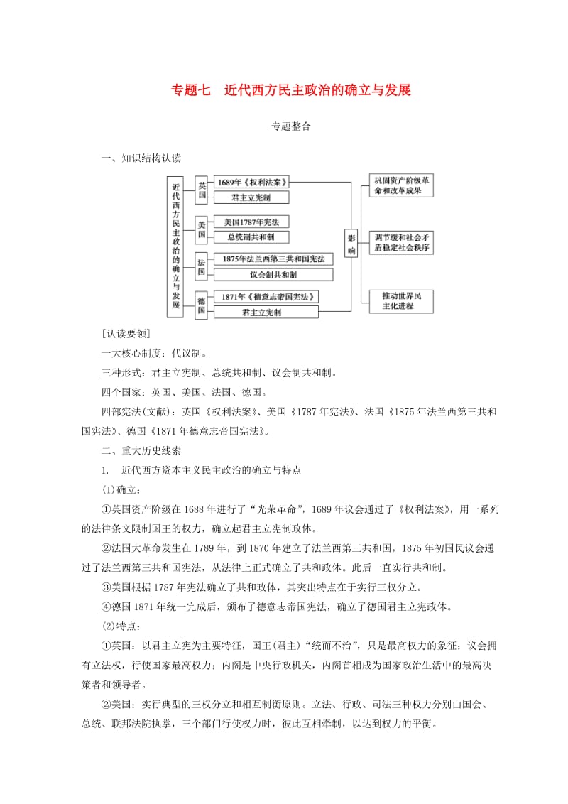 2018-2019高中历史 专题七 近代西方民主政治的确立与发展习题 人民版必修1.doc_第1页