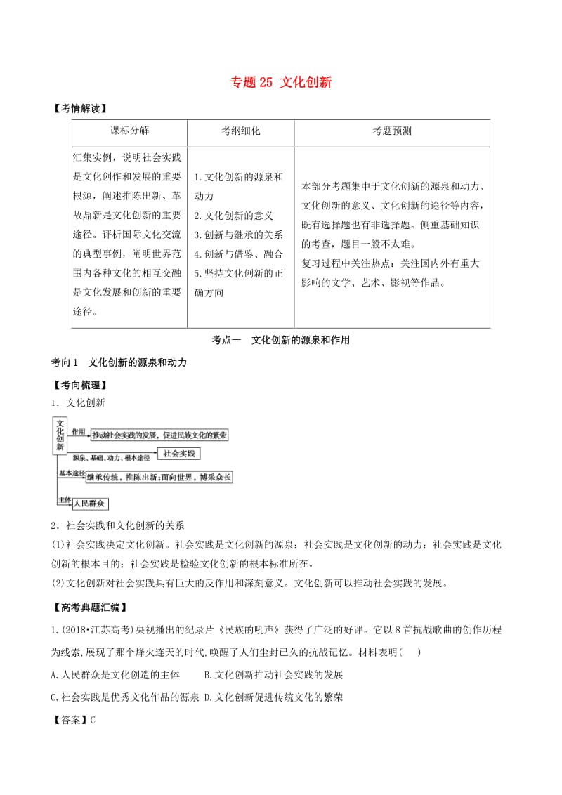 2019年高考政治题典 专题25 文化创新（含解析）.doc_第1页