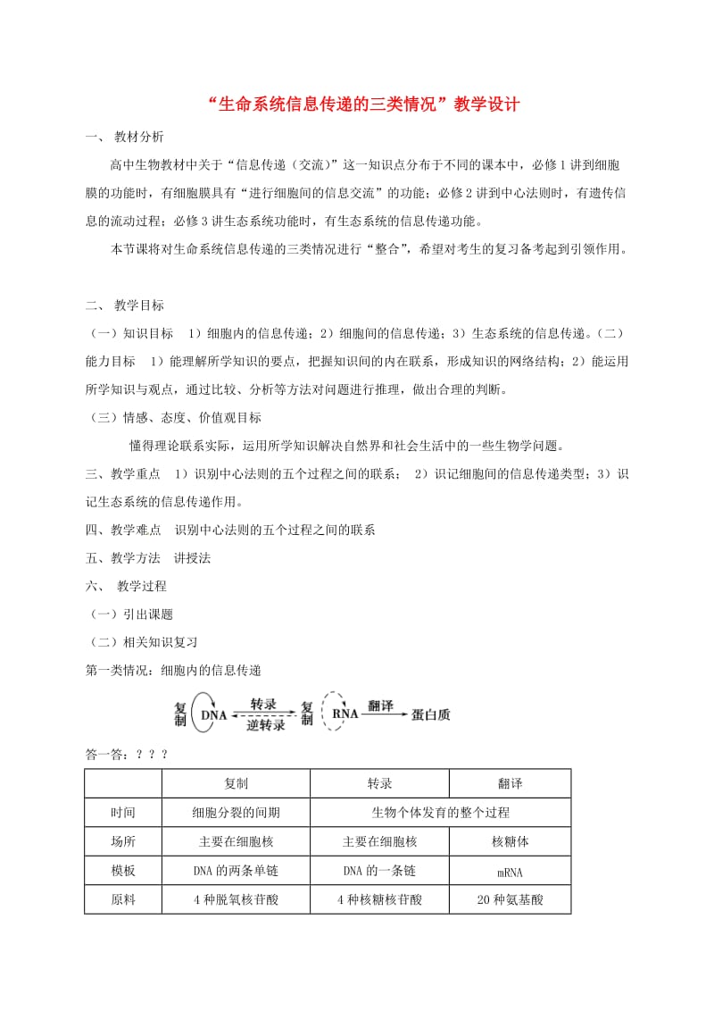 云南省峨山彝族自治县高中生物 第五章 生态系统及其稳定性 5.4 生命系统信息传递的三类情况教案 新人教版必修3.doc_第1页