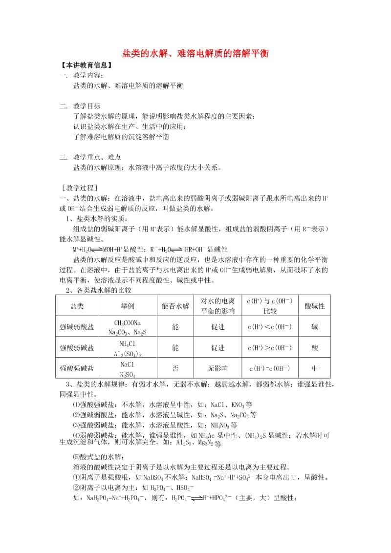 2018年高考化学第一轮复习 专题 盐类的水解、难溶电解质的溶解平衡学案 苏教版.doc_第1页