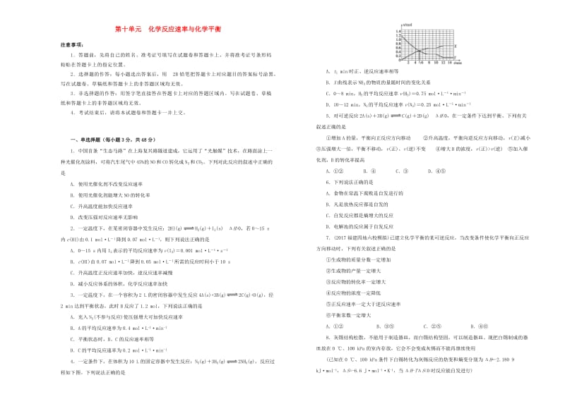 2019年高考化学一轮复习 第十单元 化学反应速率与化学平衡单元A卷.doc_第1页