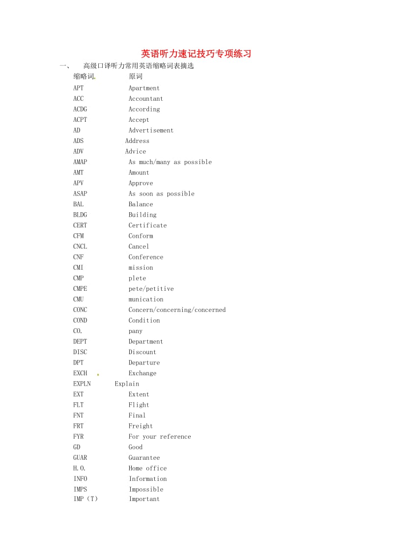 2019高考英语专题复习 英语听力速记技巧课后练习 新人教版.doc_第1页