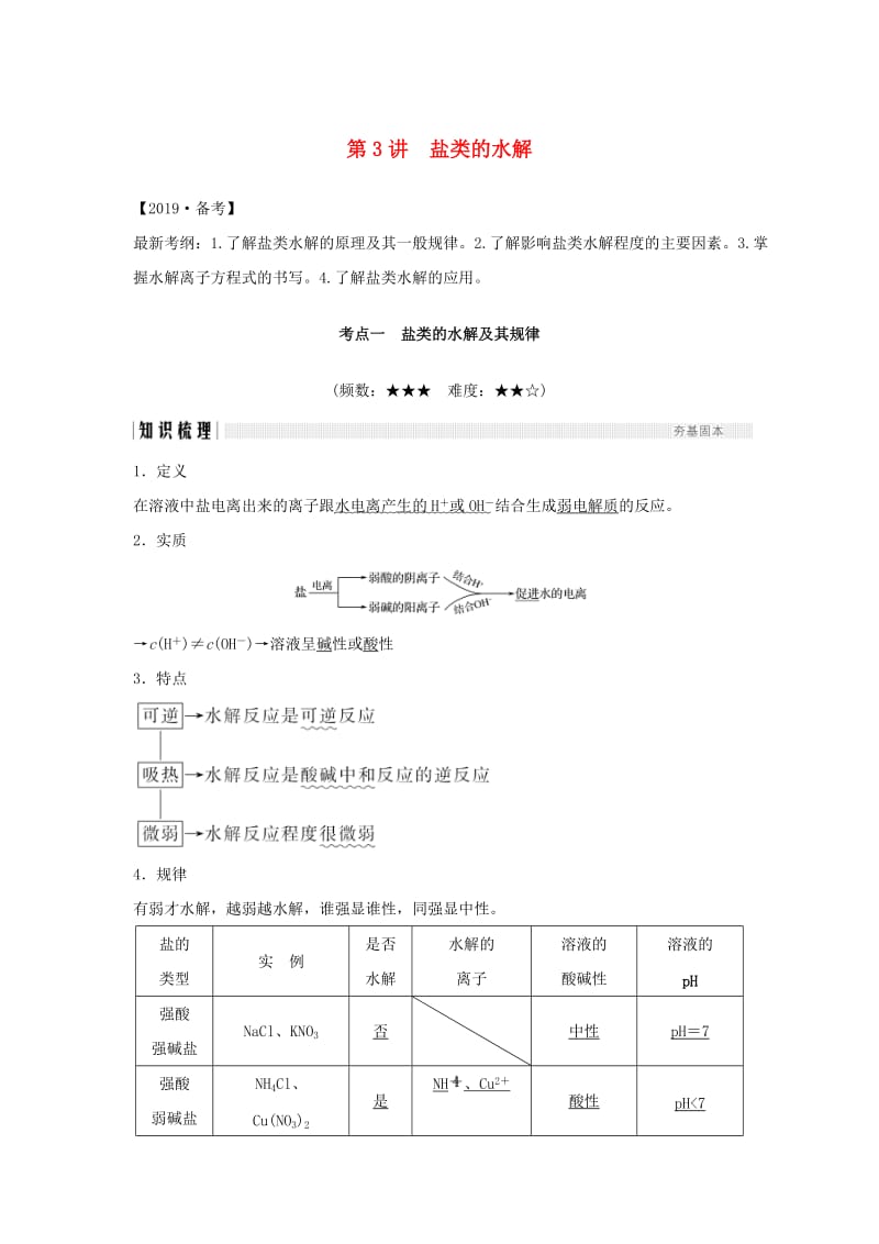 2019版高考化学大一轮复习 专题8 水溶液中的离子反应 第3讲 盐类的水解学案 苏教版.doc_第1页