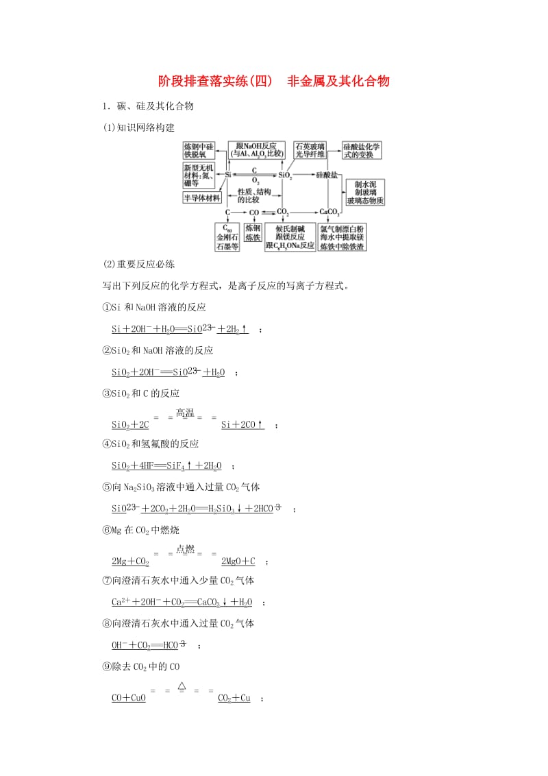 2019届高考化学一轮复习 阶段排查落实练（四）非金属及其化合物 新人教版.doc_第1页