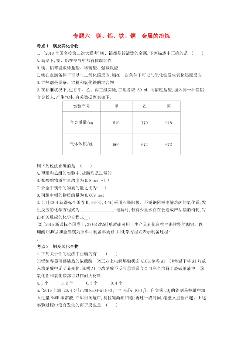 2019年高考化学总复习 专题06 镁、铝、铁、铜 金属的冶炼习思用练习（含解析）.docx_第1页