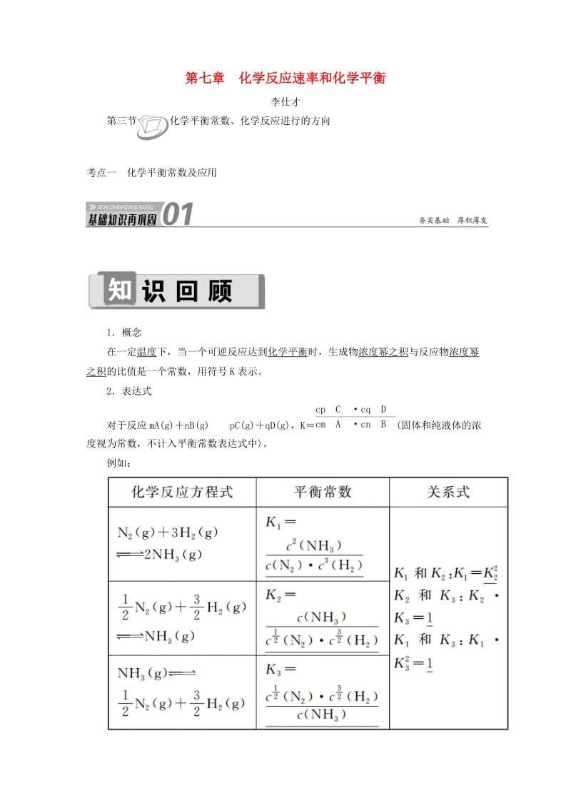 2019高考化学 第7章（化学反应速率和化学平衡）第3节 化学平衡常数、化学反应进行的方向 考点（1）化学平衡常数及应用讲与练（含解析）.doc_第1页