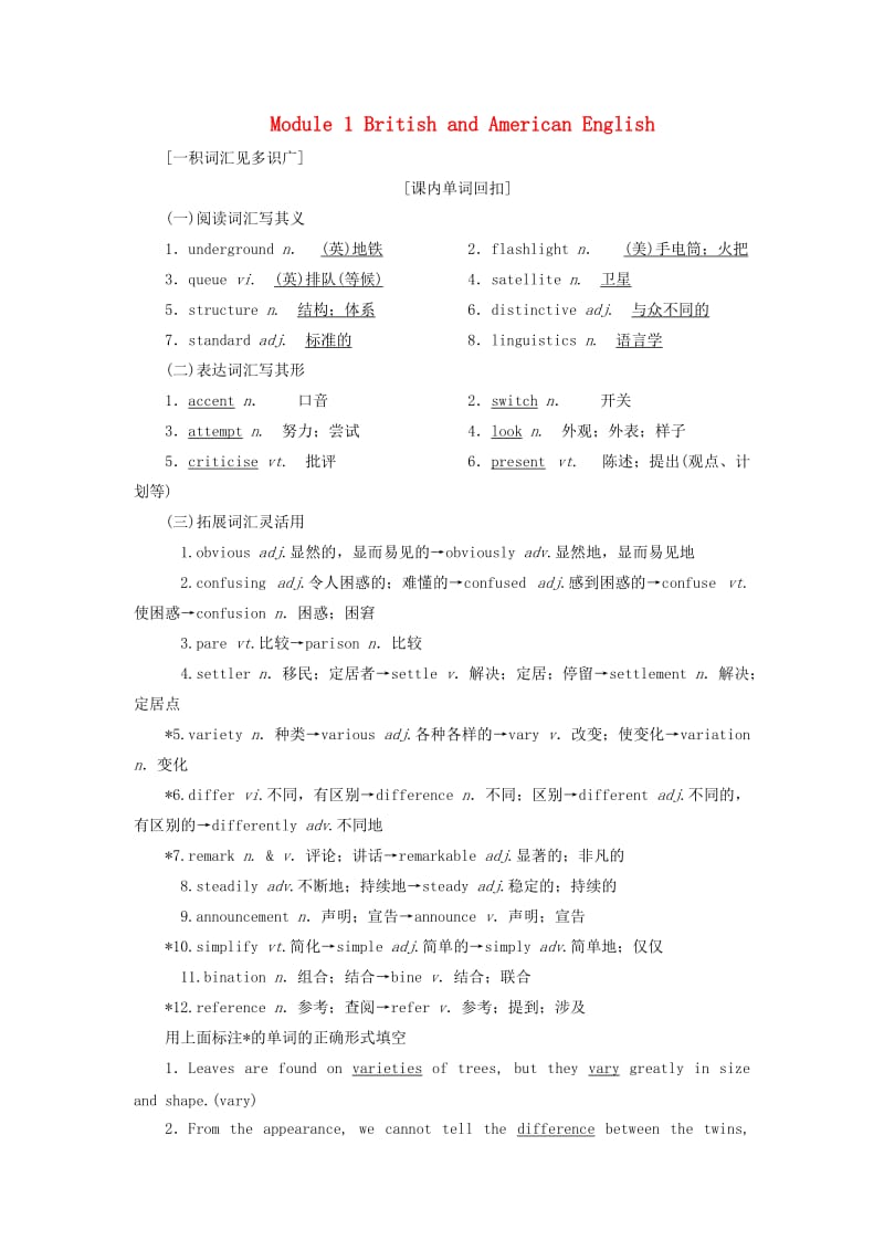 2019版高考英语一轮复习 Module 1 British and American English讲义 外研版必修5.doc_第1页