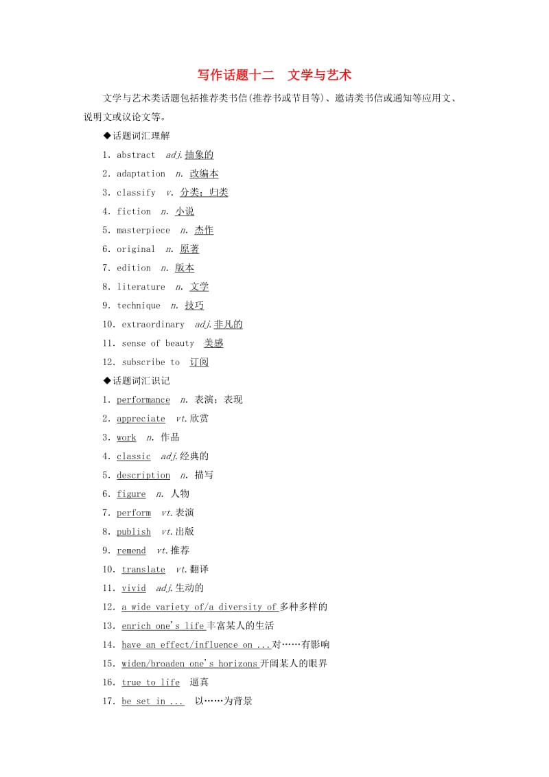 2019版高考英语一轮复习 写作话题 12 文学与艺术 新人教版.doc_第1页