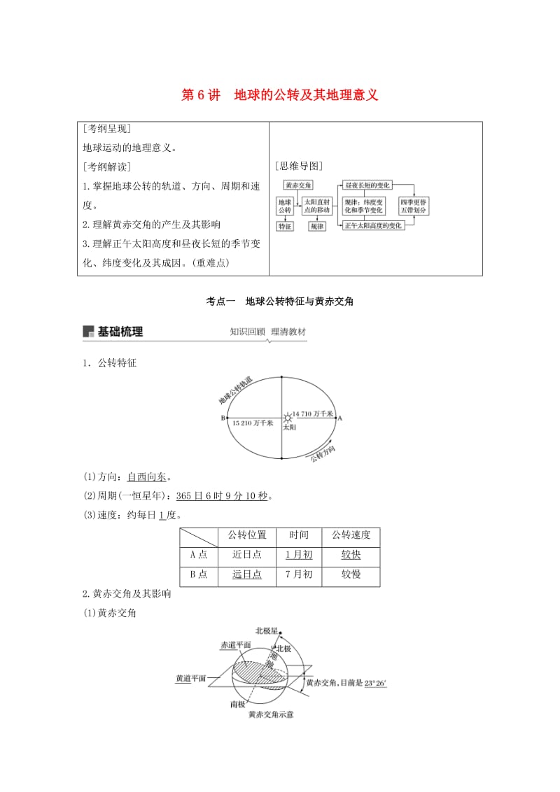 2020版高考地理新导学大一轮复习第一册第二单元从宇宙看地球第6讲地球的公转及其地理意义讲义含解析鲁教版.docx_第1页