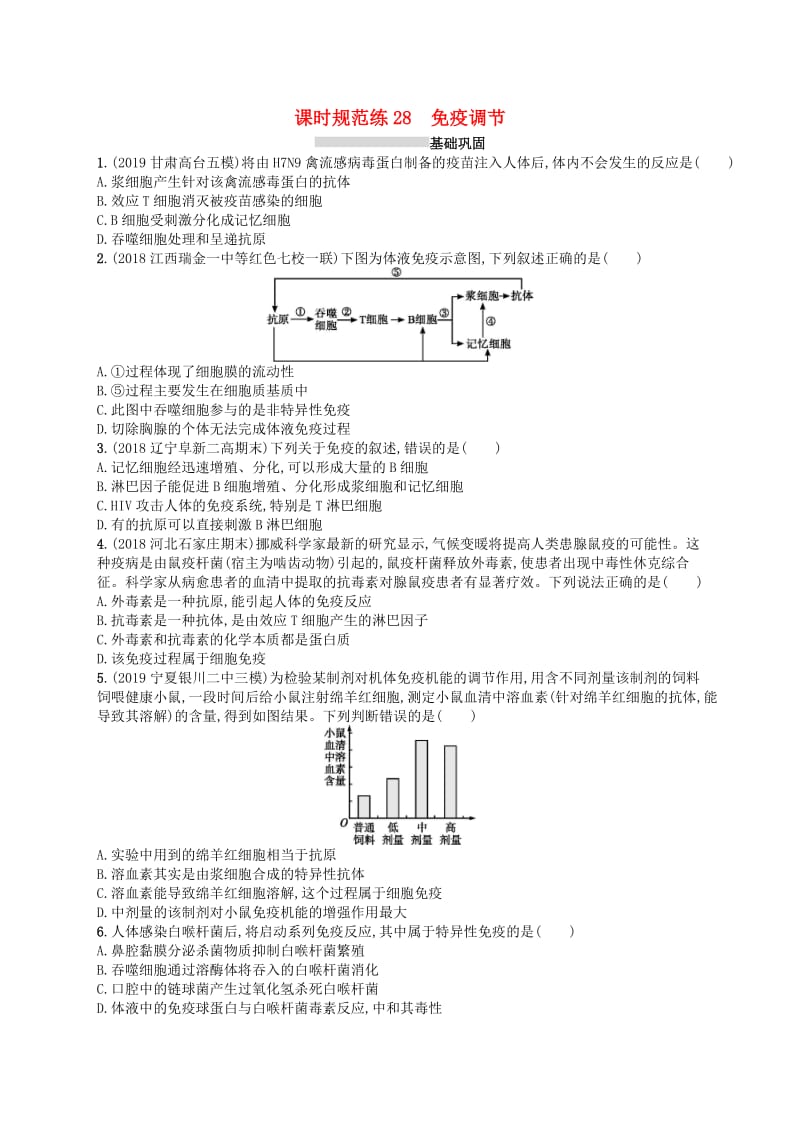 2020版高考生物大一轮复习 第8单元 稳态与调节 课时规范练28 免疫调节 新人教版.docx_第1页