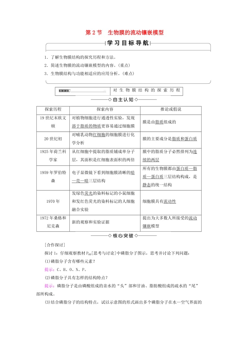 2018版高中生物 第四章 细胞的物质输入和输出 第2节 生物膜的流动镶嵌模型学案 新人教版必修1.doc_第1页