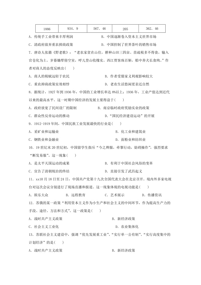 2019-2020学年高一历史下学期期末考试试题 理 (IV).doc_第2页