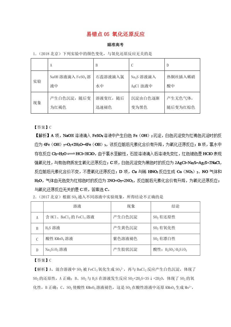 2019年领军高考化学 清除易错点 专题05 氧化还原反应知识点讲解.doc_第1页