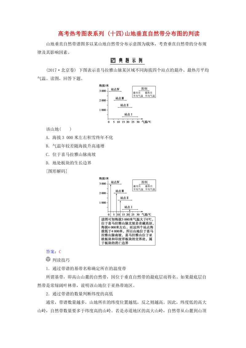 2019高考地理一轮复习第一部分第六单元自然地理环境的整体性与差异性高考热考图表系列十四山地垂直自然带分布图的判读学案.doc_第1页