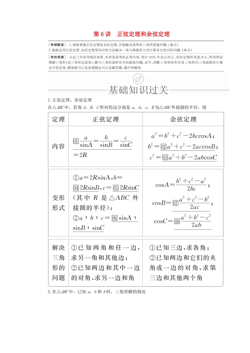 2020版高考数学一轮复习 第3章 三角函数、解三角形 第6讲 正弦定理和余弦定理讲义 理（含解析）.doc_第1页