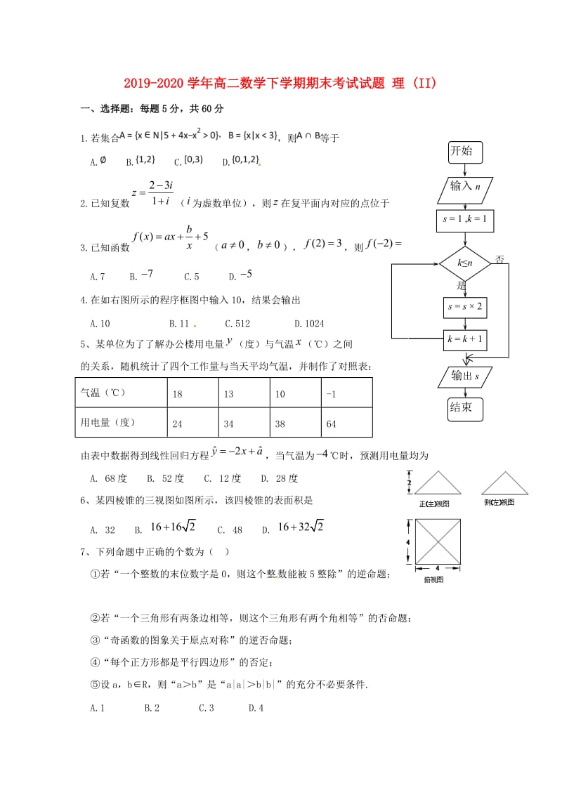 2019-2020学年高二数学下学期期末考试试题 理 (II).doc_第1页