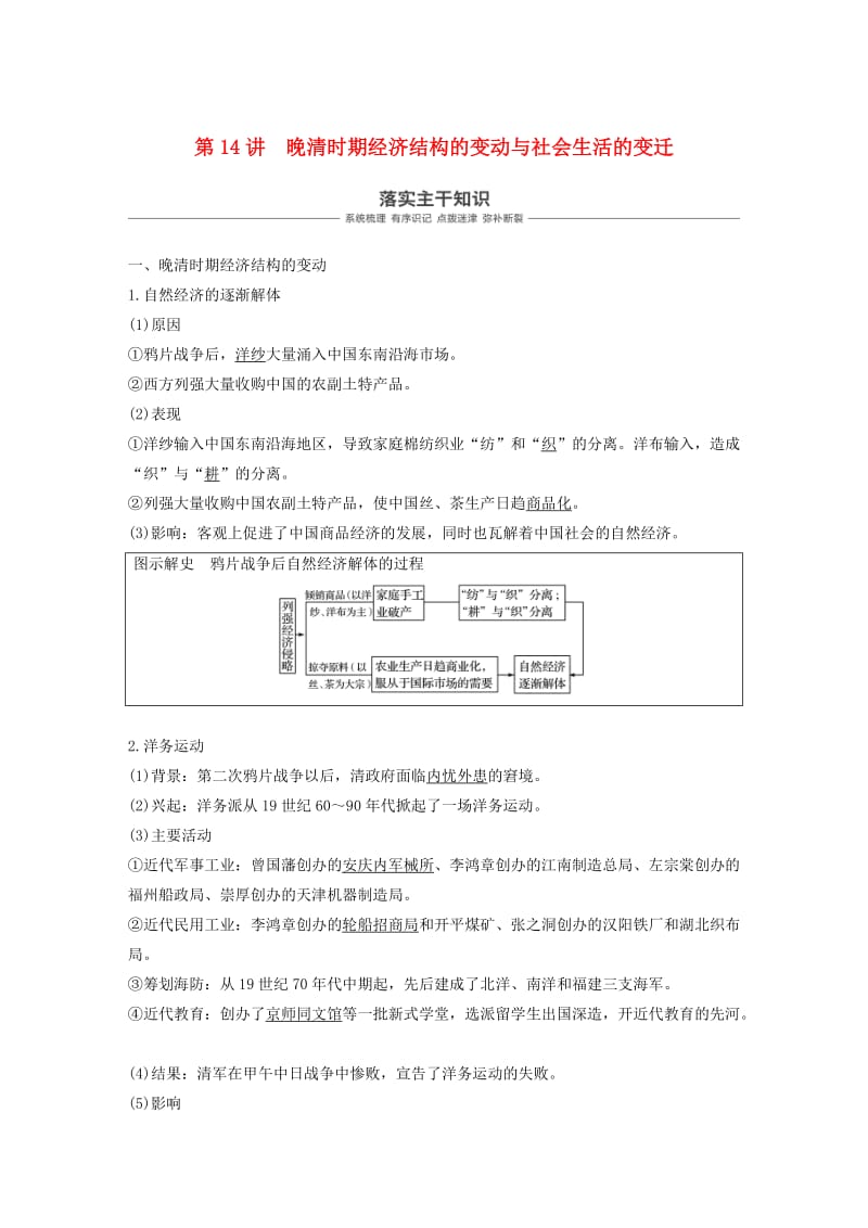 2019届高考历史一轮复习 第六单元 晚清时期的中国(1840～1912年)第14讲 晚清时期经济结构的变动与社会生活的变迁学案 新人教版.doc_第1页