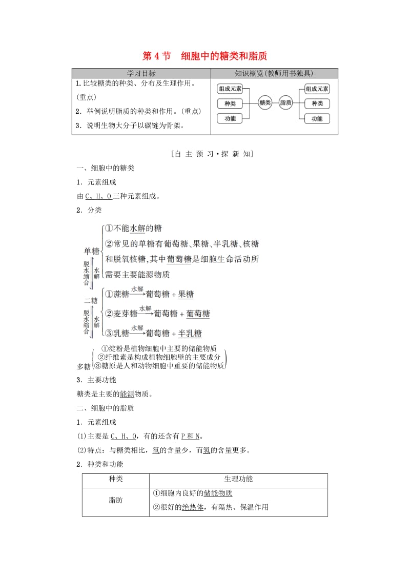 2018-2019学年高中生物 第二章 组成细胞的分子 第4节 细胞中的糖类和脂质学案 新人教版必修1.doc_第1页