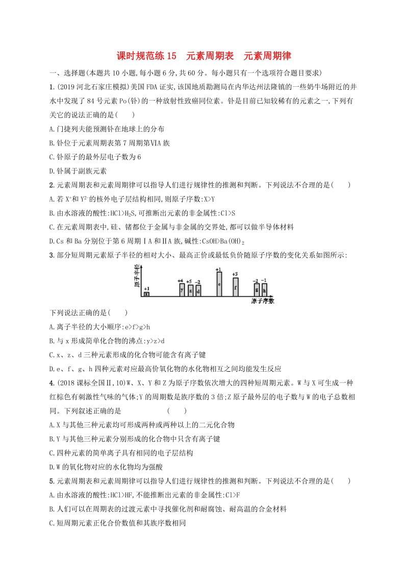 2020版高考化学复习 课时规范练15 元素周期表 元素周期律 苏教版.doc_第1页