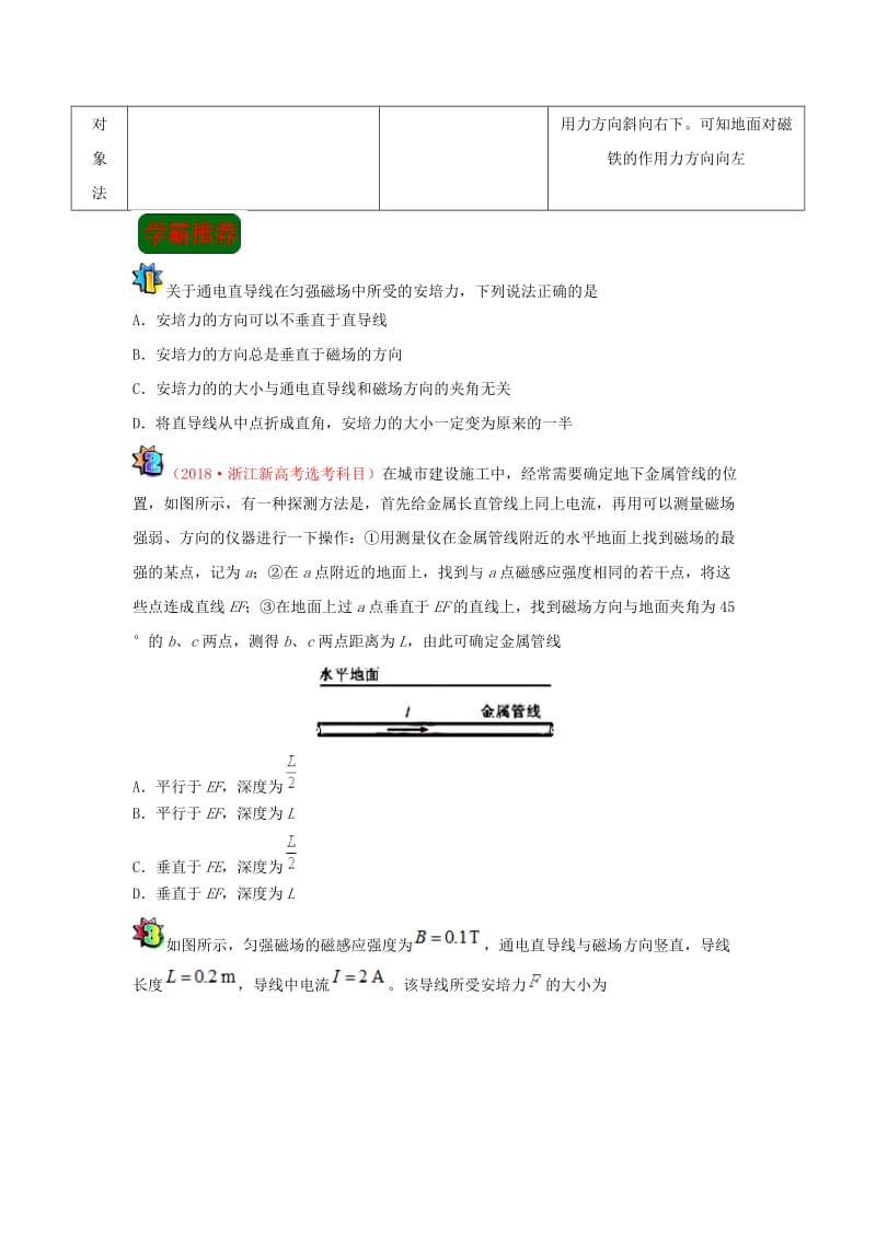 2018-2019学年高中物理（课堂同步系列二）每日一题 通电导线在磁场中受到的力（一）（含解析）新人教版选修3-1.doc_第3页