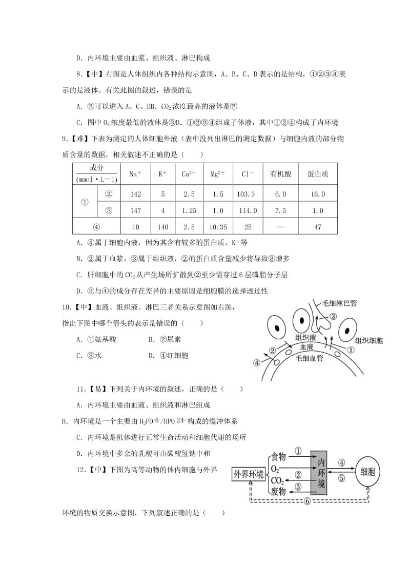 四川省成都市高中生物 第一章 人体的内环境与稳态 1.1 细胞生活的环境限时练（2）限时练新人教版必修3.doc_第2页