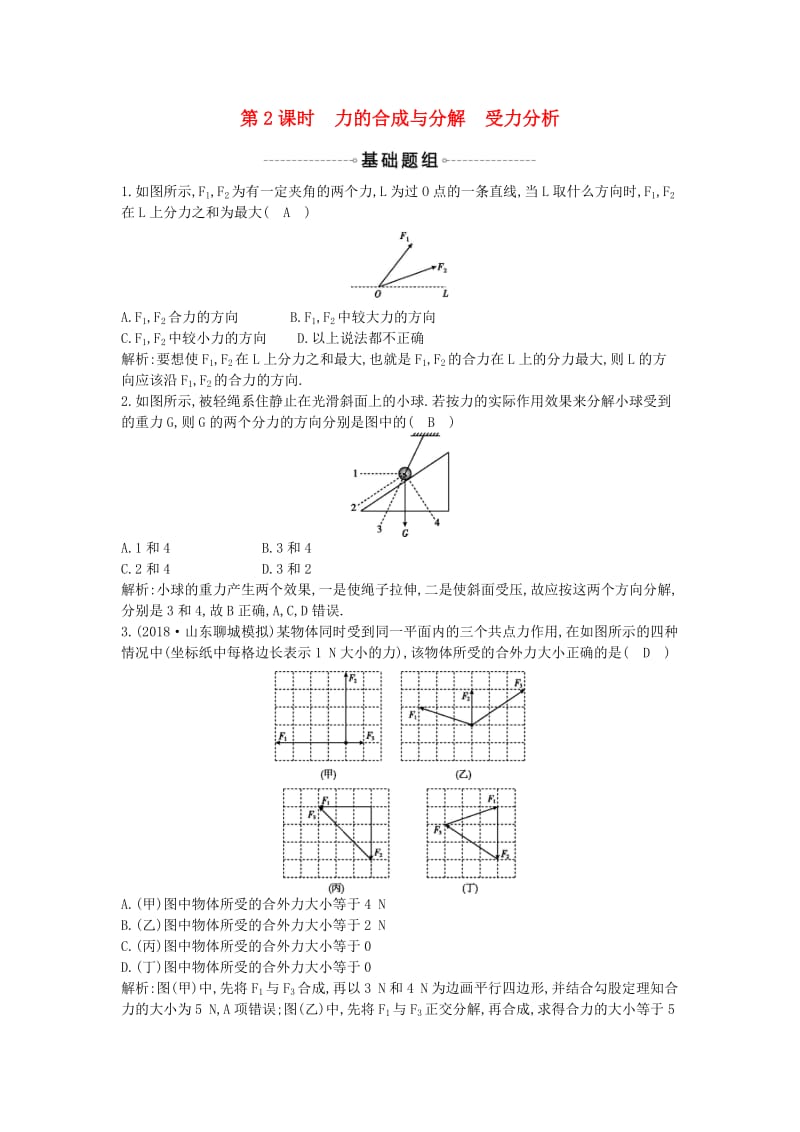 2019年高考物理总复习 第二章 相互作用 第2课时 力的合成与分解 受力分析课时训练 教科版.doc_第1页