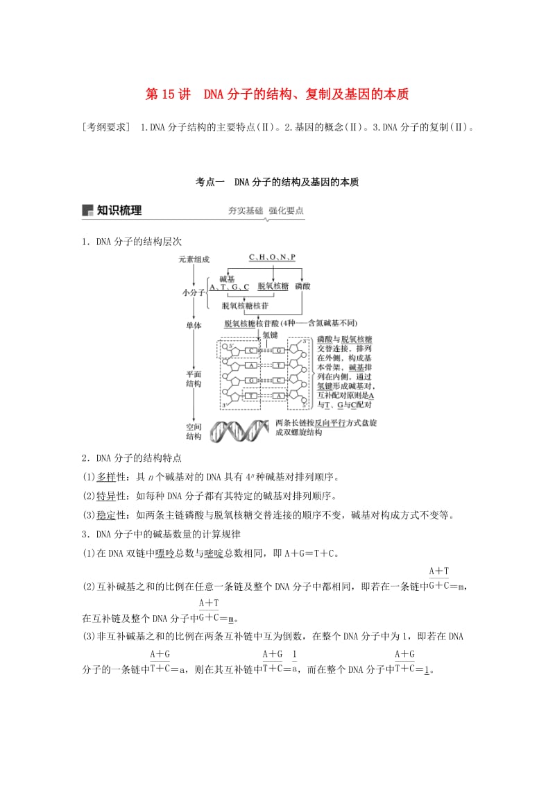 2020版高考生物新导学大一轮复习 第五单元 遗传的分子基础 第15讲 DNA分子的结构、复制及基因的本质讲义（含解析）北师大版.docx_第1页