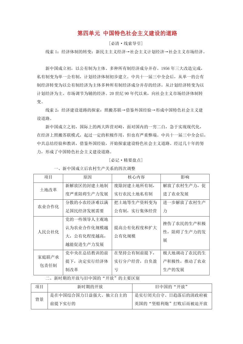 2019高中历史 第四单元 中国特色社会主义建设的道路单元小结与测评讲义（含解析）新人教版必修2.doc_第1页