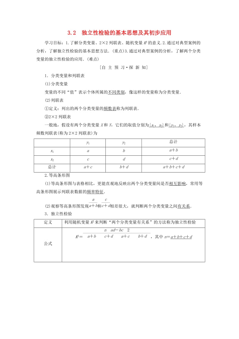 2018年秋高中数学 第三章 统计案例 3.2 独立性检验的基本思想及其初步应用学案 新人教A版选修2-3.doc_第1页