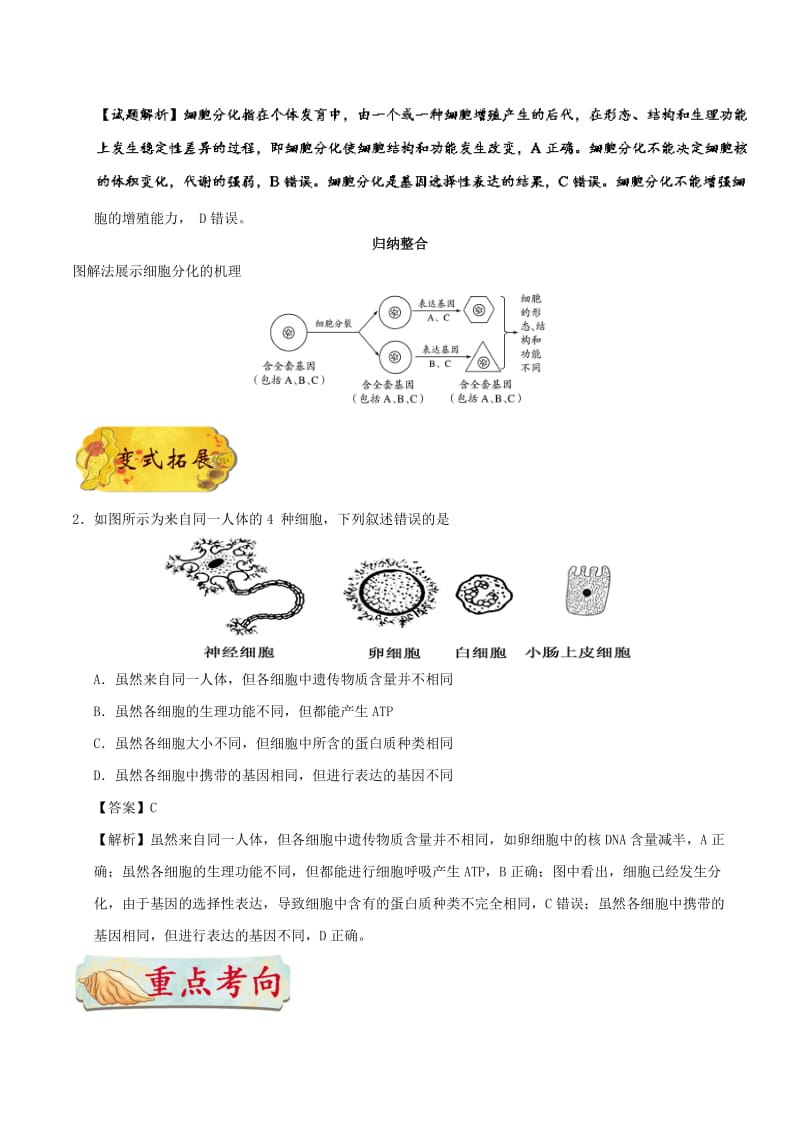 2019年高考生物 考点一遍过 考点23 细胞的分化和细胞的全能性（含解析）.doc_第2页