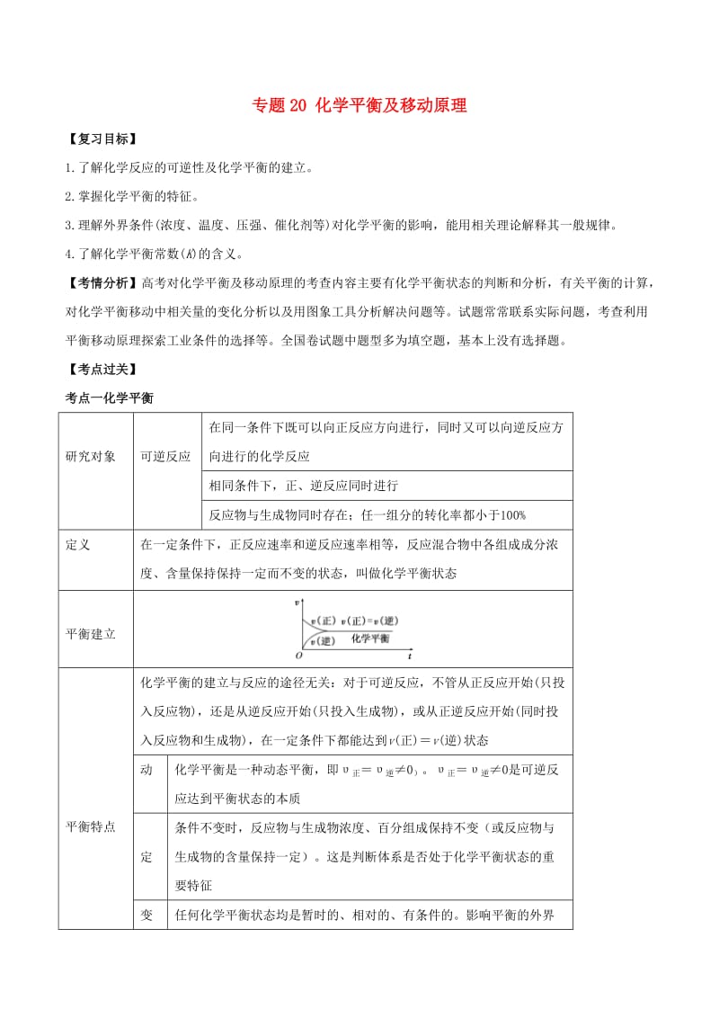 2019年高考化学一轮总复习 考点扫描 专题20 化学平衡及移动原理学案.doc_第1页