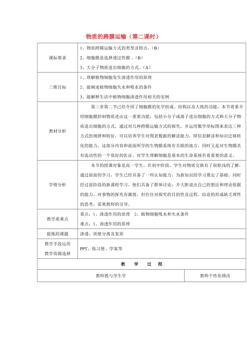 2018-2019学年高中生物 第三章 细胞的结构和功能 3.3 物质的跨膜运输 第二课时教案 苏教版必修1.doc_第1页