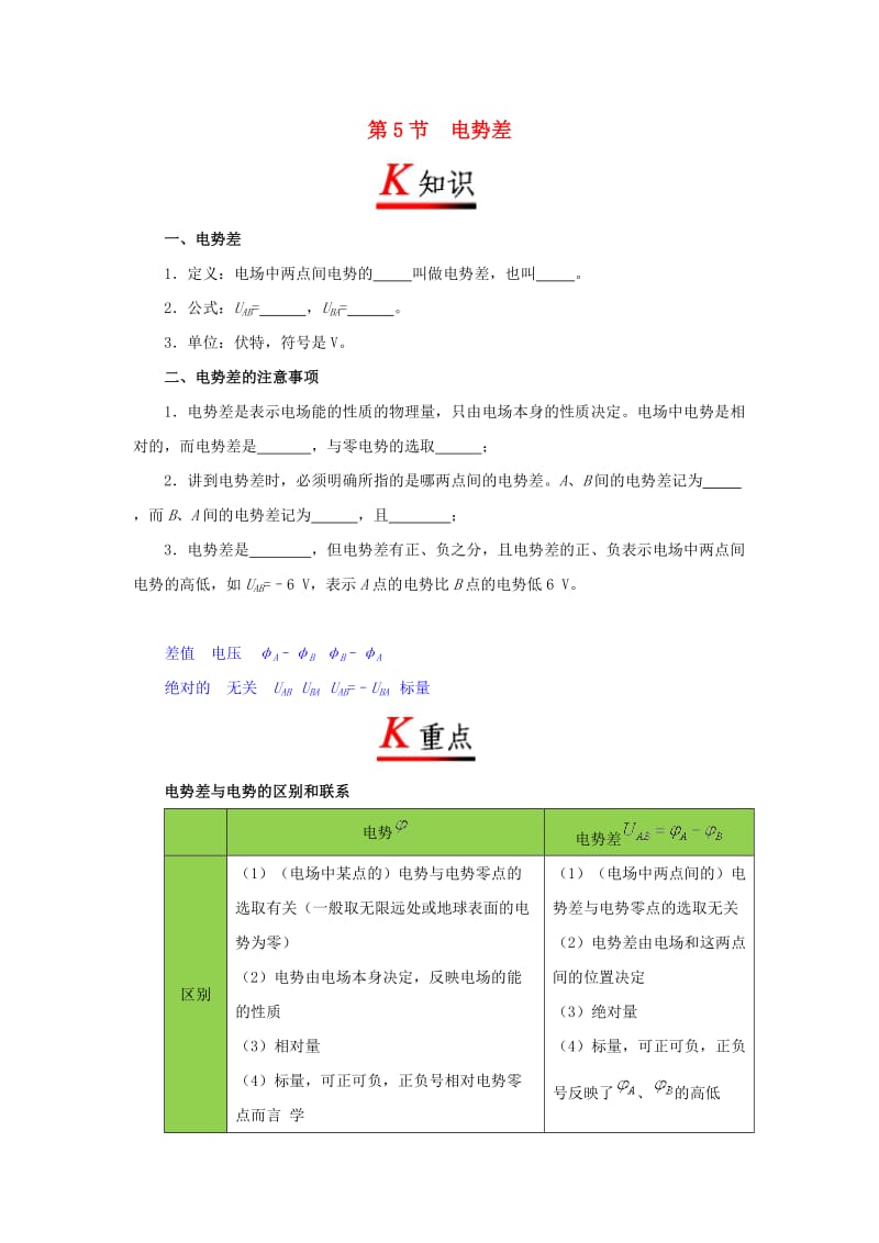 2018-2019学年高中物理 专题1.5 电势差试题 新人教版选修3-1.doc_第1页