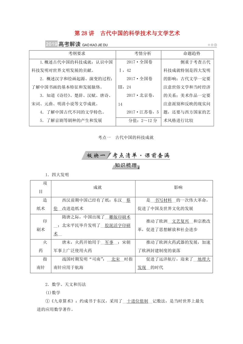 全国通用版2019版高考历史大一轮复习第十五单元古代与现代中国的科技文化第28讲古代中国的科学技术与文学艺术学案.doc_第1页