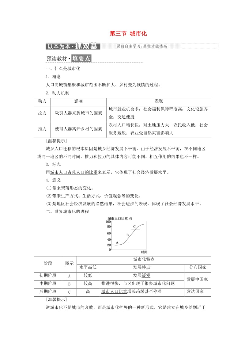 2018-2019学年高中地理 第二章 城市与城市化 第三节 城市化学案（含解析）新人教版必修2.doc_第1页