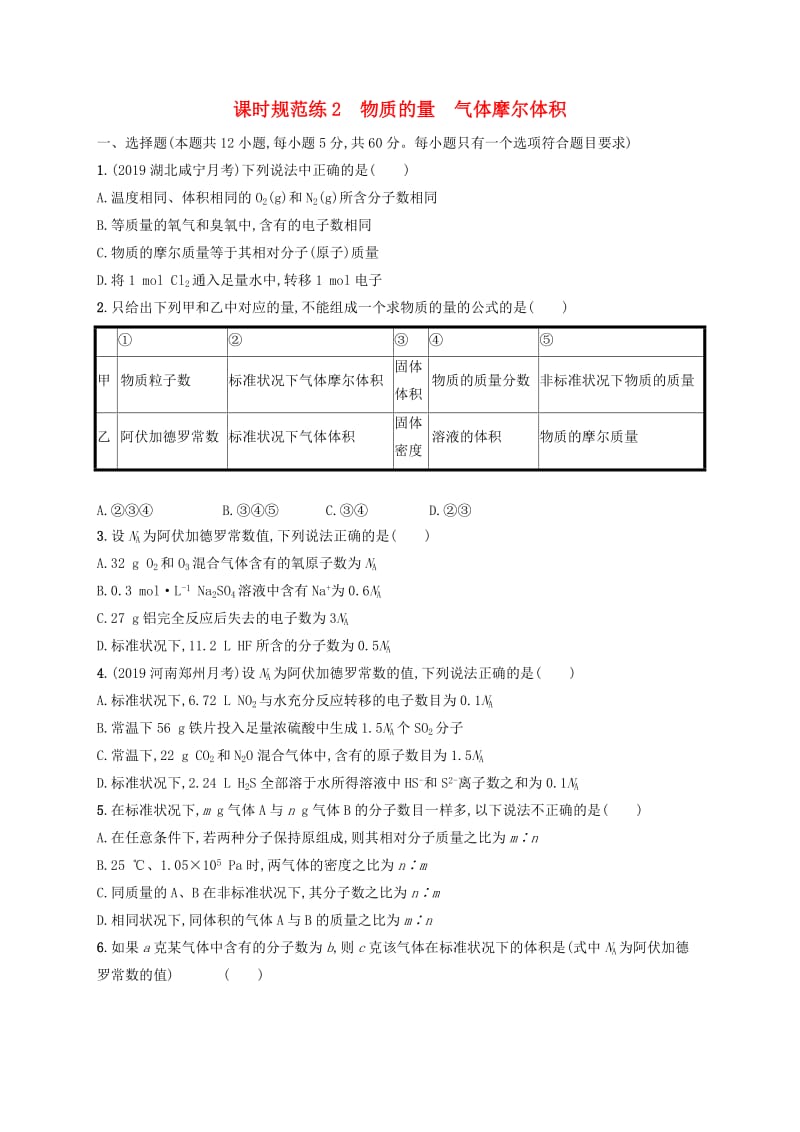 2020版高考化学复习 课时规范练2 物质的量 气体摩尔体积 苏教版.doc_第1页