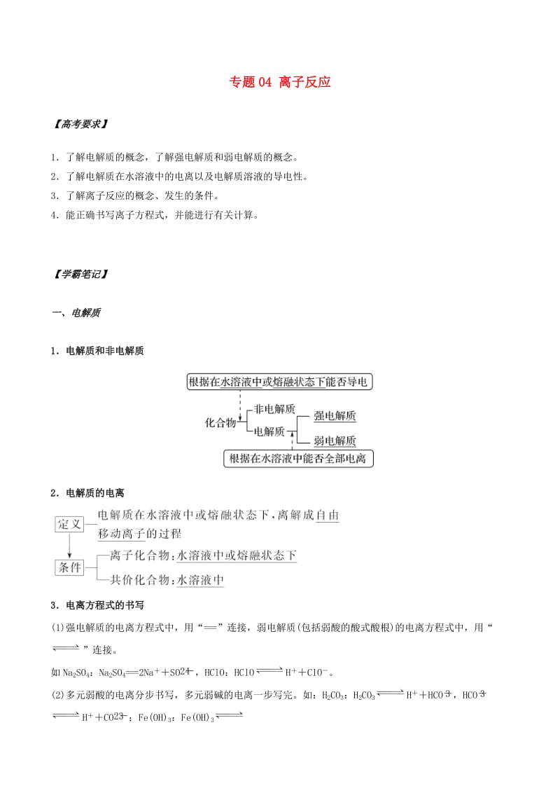 2019年高考化学专项攻关高分秘籍 专题04 离子反应学案.doc_第1页