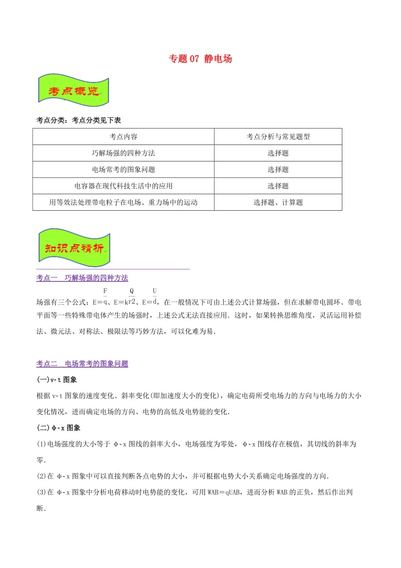 2019年高考物理 经典问题的妙解策略 专题07 静电场.doc_第1页