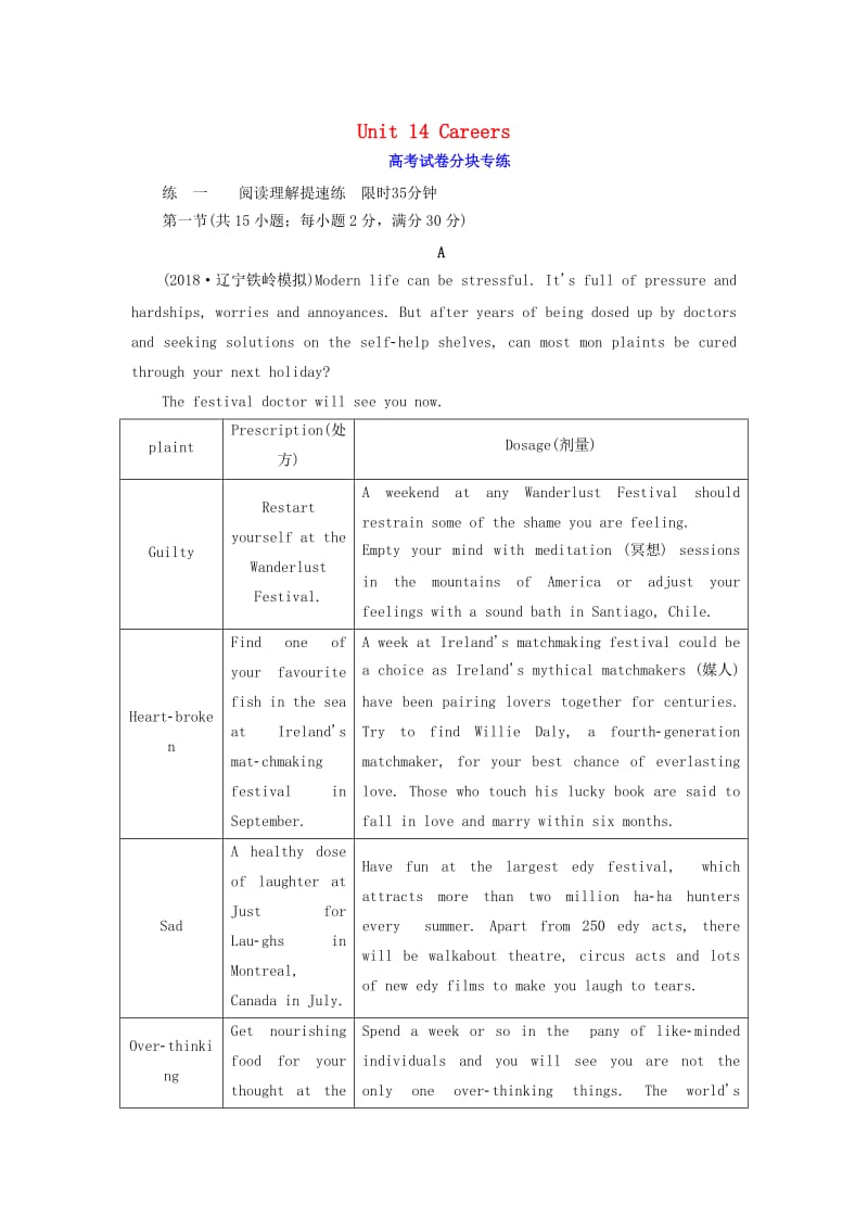 2018-2019学年高考英语一轮复习 Unit 14 Careers高考试卷分块专练 北师大版必修5.doc_第1页