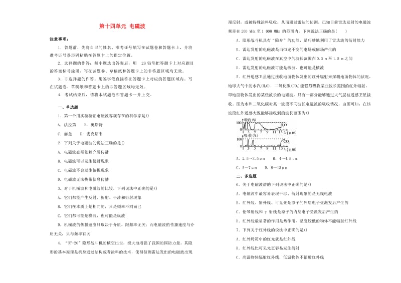 2019高中物理 第十四单元 电磁波单元测试（二）新人教版选修3-4.docx_第1页