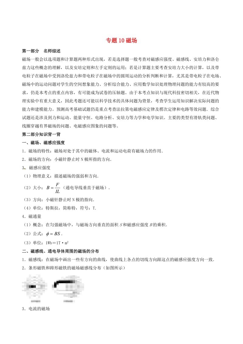 2019年高考物理备考 艺体生百日突围系列 专题10 磁场（含解析）.docx_第1页