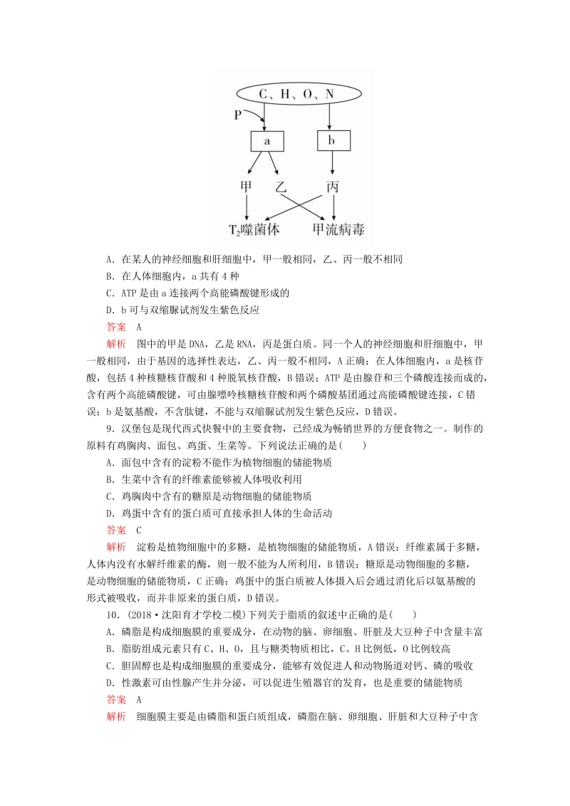 2020年高考生物一轮复习 第1单元 走近细胞及细胞有分子组成 第4讲 核酸、糖类和脂质课后作业（含解析）（必修1）.doc_第3页